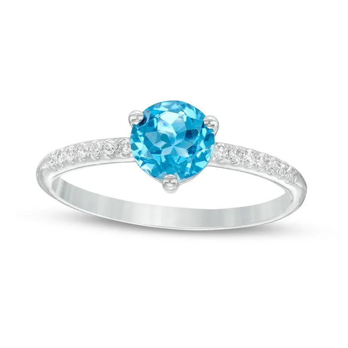 60mm Swiss Blue Topaz and 010 CT TW Natural Diamond Ring in Solid 10K White Gold Goldia Rings