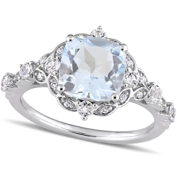 80mm CushionCut Aquamarine White Sapphire and 005 CT TW Natural Diamond Frame Antique VintageStyle Ring in Solid 14K White Gold Goldia Rings