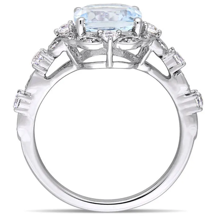 80mm CushionCut Aquamarine White Sapphire and 005 CT TW Natural Diamond Frame Antique VintageStyle Ring in Solid 14K White Gold Goldia Rings