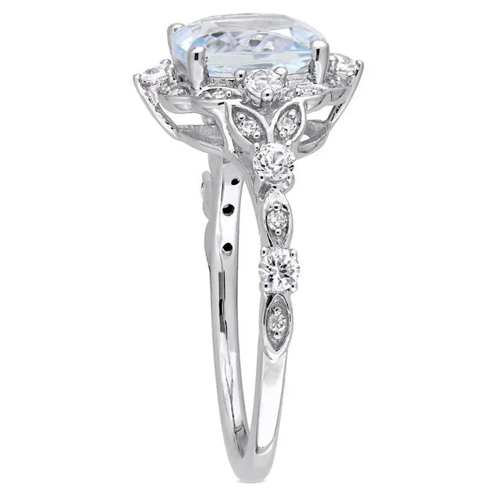 80mm CushionCut Aquamarine White Sapphire and 005 CT TW Natural Diamond Frame Antique VintageStyle Ring in Solid 14K White Gold Goldia Rings