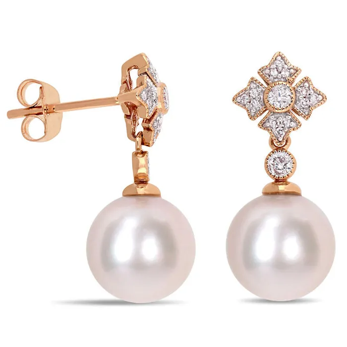 95 100mm Cultured Freshwater Pearl and 02 CT TW Diamond VintageStyle Drop Earrings in 10K Rose Gold Goldia Earrings