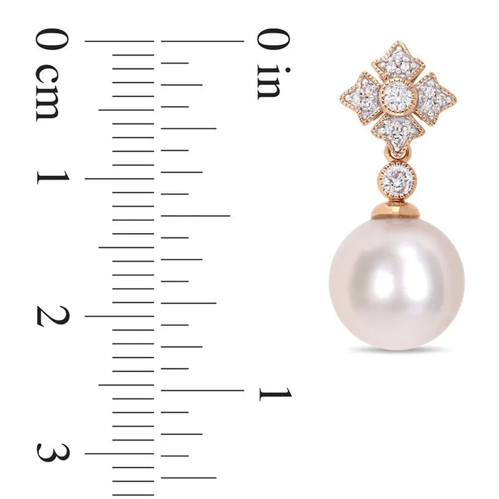 95 100mm Cultured Freshwater Pearl and 02 CT TW Diamond VintageStyle Drop Earrings in 10K Rose Gold Goldia Earrings