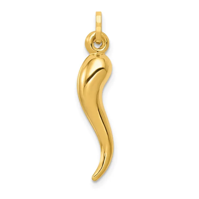 Charm Necklaces 14k Yellow Gold Hollow 24x6mm 3D Italian Cornicello Horn Luck Charm Goldia