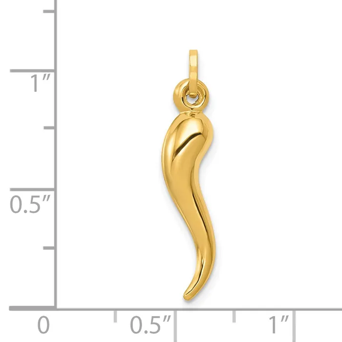 Charm Necklaces 14k Yellow Gold Hollow 24x6mm 3D Italian Cornicello Horn Luck Charm Goldia