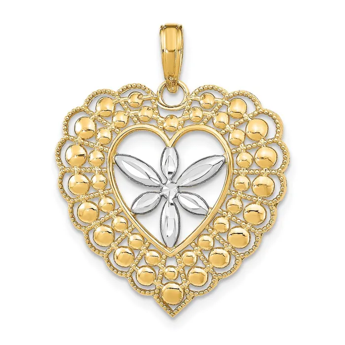Charm Necklaces 14k Yellow Rhodium Gold wRhodium Flower and Beaded Heart Charm Goldia