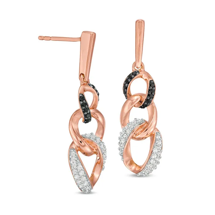 Earrings 033 CT TW Enhanced Black and White Diamond Graduated Three Link Chain Drop Earrings in 10K Rose Gold Goldia