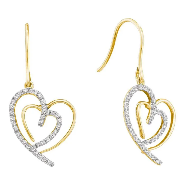 Earrings 10k Yellow Gold Round Diamond Heart Dangle Wire Earrings 38 Cttw gndatlanta