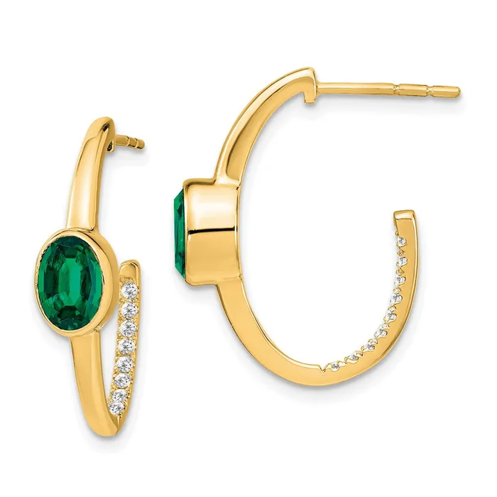 Earrings 14k Yellow Gold Oval Created Emerald and Real Diamond JHoop Earrings Goldia