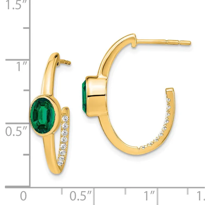 Earrings 14k Yellow Gold Oval Created Emerald and Real Diamond JHoop Earrings Goldia
