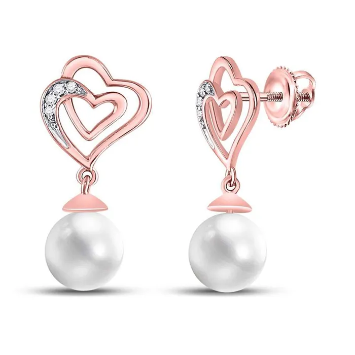 Earrings gndatlanta 10k Rose Gold Round Diamond Pearl Heart Dangle Earrings 120 Cttw