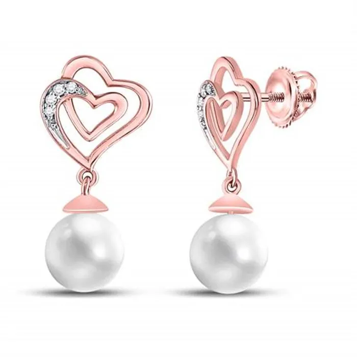 Earrings gndatlanta 10k Rose Gold Round Diamond Pearl Heart Dangle Earrings 120 Cttw
