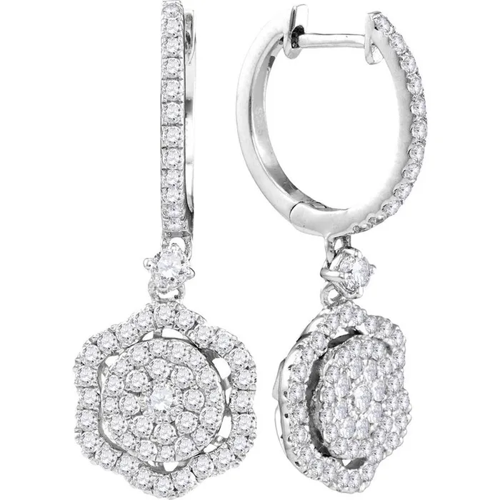 Earrings gndatlanta 14k White Gold Round Diamond Hexagon Frame Cluster Dangle Earrings 1 Cttw