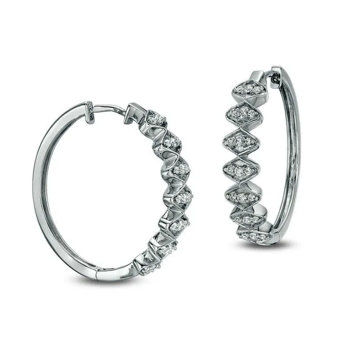 Earrings Goldia 033 CT TW Diamond ZigZag RetroStyle Hoop Earrings in 14K White Gold