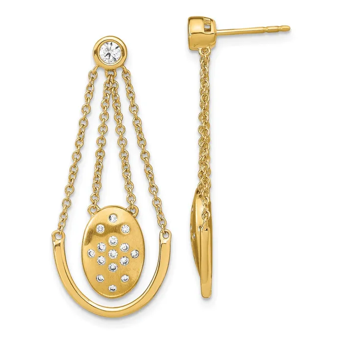 Earrings Goldia Solid 14k Yellow Gold SatinPolished Simulated CZ Oval wChain Dangle Post Earrings