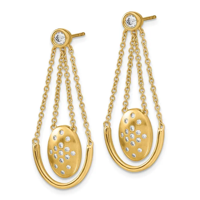 Earrings Goldia Solid 14k Yellow Gold SatinPolished Simulated CZ Oval wChain Dangle Post Earrings