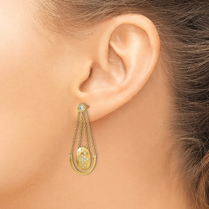 Earrings Goldia Solid 14k Yellow Gold SatinPolished Simulated CZ Oval wChain Dangle Post Earrings