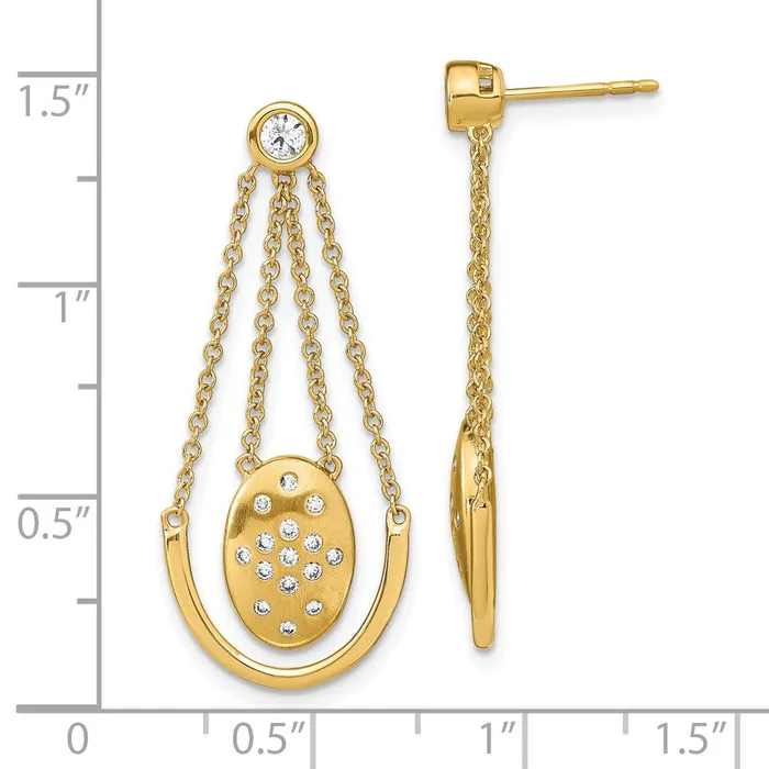 Earrings Goldia Solid 14k Yellow Gold SatinPolished Simulated CZ Oval wChain Dangle Post Earrings