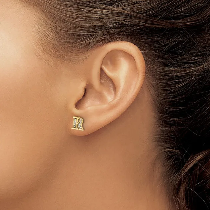 Earrings Goldia Solid 14k Yellow Gold Simulated CZ Initial R Earrings