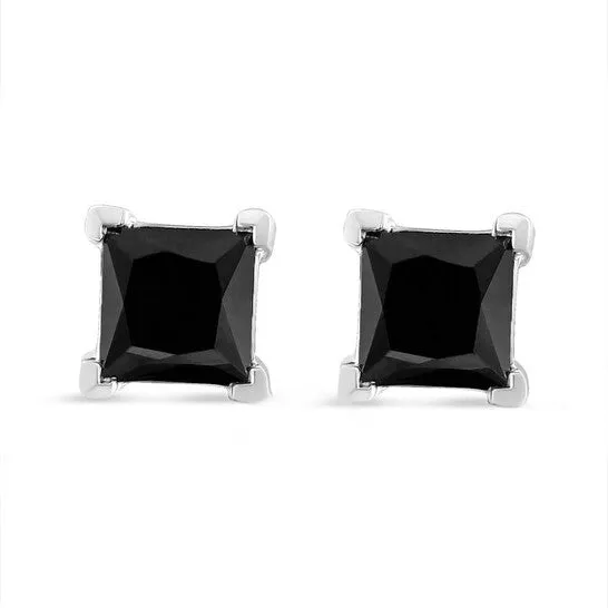 Earrings JMS always Original 14K White Gold 34 Cttw PrincessCut Treated Black Diamond Classic 4Prong Stud Earrings with Push Backs Fancy ColorEnhanced