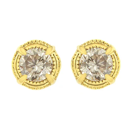 Earrings JMS always Original 14K Yellow Gold Plated 925 Sterling Silver 13 cttw Diamond Modern 4Prong Solitaire Milgrain Stud Earrings KL Color I2I3 Clarity