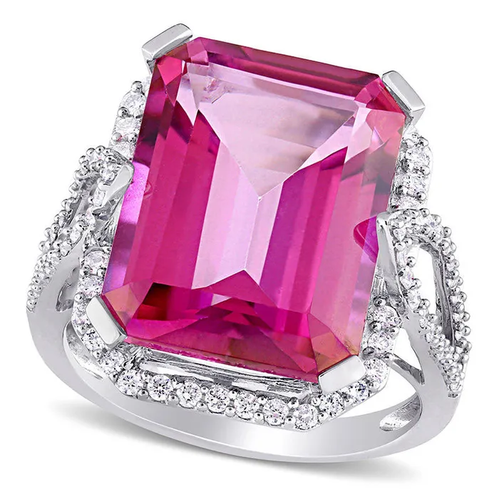 EmeraldCut Pink Topaz and 050 CT TW Natural Diamond Octagonal Frame Open Leaf Shank Ring in Solid 14K White Gold Goldia Rings