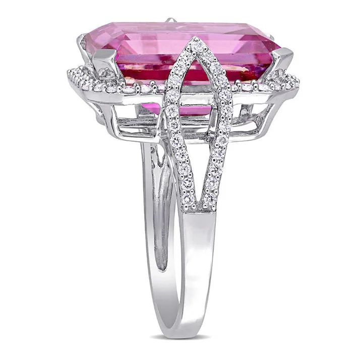 EmeraldCut Pink Topaz and 050 CT TW Natural Diamond Octagonal Frame Open Leaf Shank Ring in Solid 14K White Gold Goldia Rings