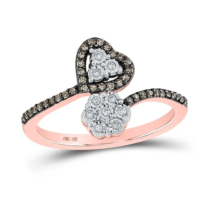 gndatlanta Rings 10k Rose Gold Round Brown Diamond Bypass Flower Heart Ring 15 Ctw