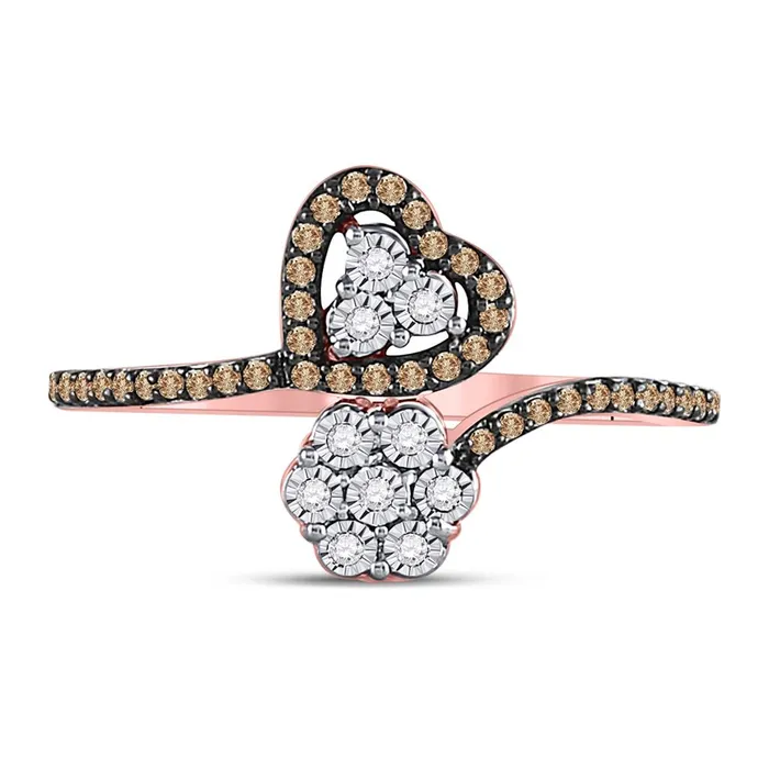 gndatlanta Rings 10k Rose Gold Round Brown Diamond Bypass Flower Heart Ring 15 Ctw
