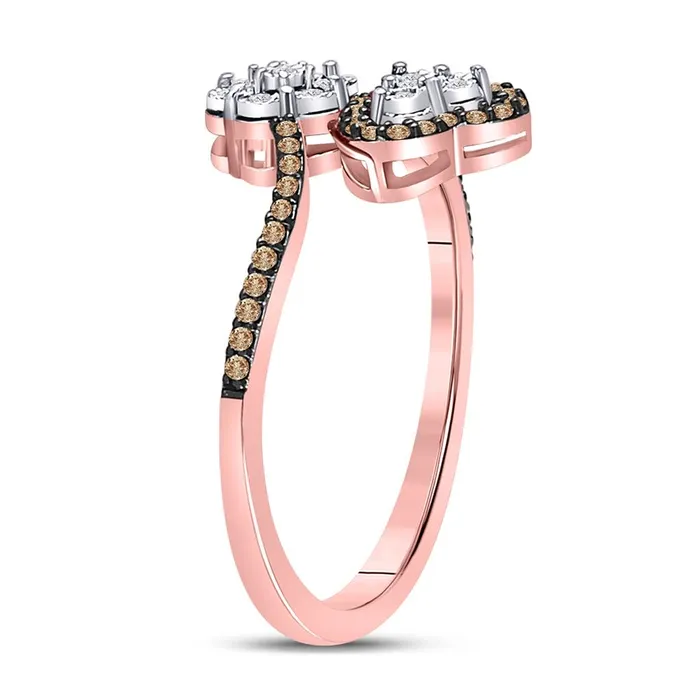 gndatlanta Rings 10k Rose Gold Round Brown Diamond Bypass Flower Heart Ring 15 Ctw
