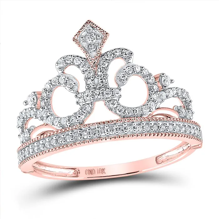 gndatlanta Rings 10k Rose Gold Round Diamond Fleur Crown Tiara Fashion Ring 15 Cttw