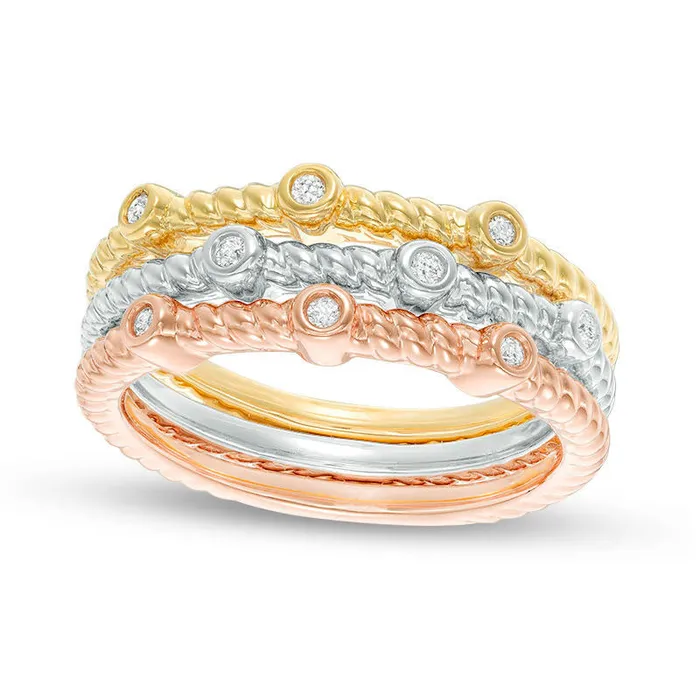 Goldia 010 CT TW Natural Diamond RopeTextured Three Piece Stackable Band Set in Sterling Silver with Solid 14K TwoTone Gold Plate Rings