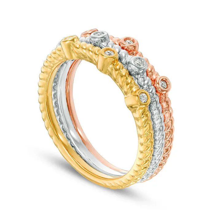 Goldia 010 CT TW Natural Diamond RopeTextured Three Piece Stackable Band Set in Sterling Silver with Solid 14K TwoTone Gold Plate Rings