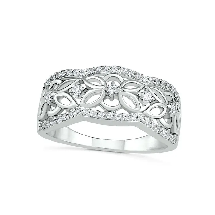 Goldia 033 CT TW Natural Diamond Ornate Flower ScallopEdge Ring in Sterling Silver Rings