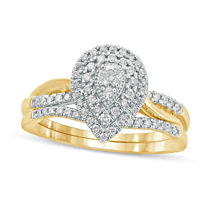 Goldia 038 CT TW Composite Natural Diamond Teardrop Frame Bridal Engagement Ring Set in Solid 10K Yellow Gold Rings