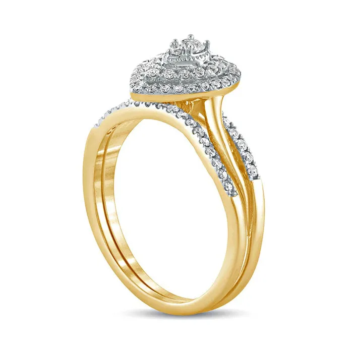 Goldia 038 CT TW Composite Natural Diamond Teardrop Frame Bridal Engagement Ring Set in Solid 10K Yellow Gold Rings
