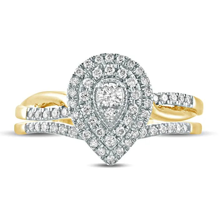 Goldia 038 CT TW Composite Natural Diamond Teardrop Frame Bridal Engagement Ring Set in Solid 10K Yellow Gold Rings