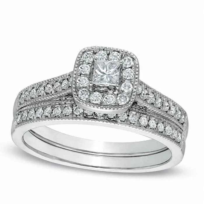 Goldia 050 CT TW PrincessCut Natural Diamond Antique VintageStyle Bridal Engagement Ring Set in Solid 10K White Gold Rings