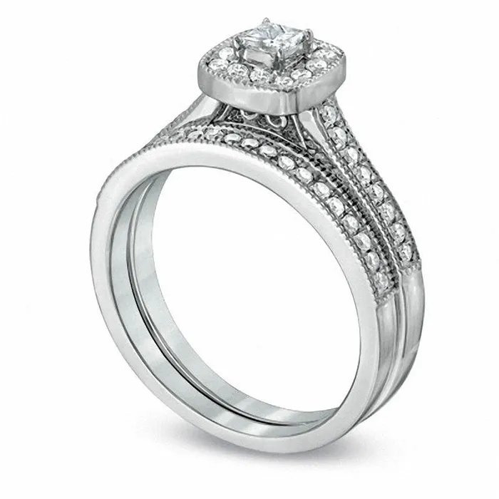Goldia 050 CT TW PrincessCut Natural Diamond Antique VintageStyle Bridal Engagement Ring Set in Solid 10K White Gold Rings