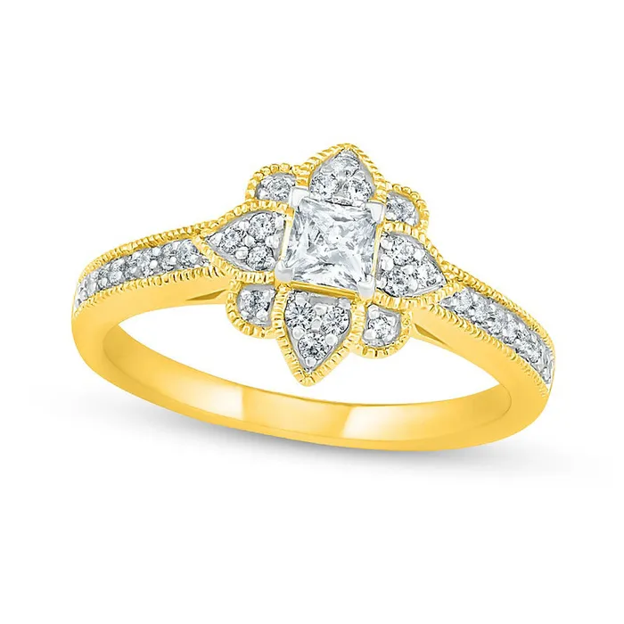 Goldia 050 CT TW PrincessCut Natural Diamond Flower Frame Antique VintageStyle Engagement Ring in Solid 10K Yellow Gold Rings
