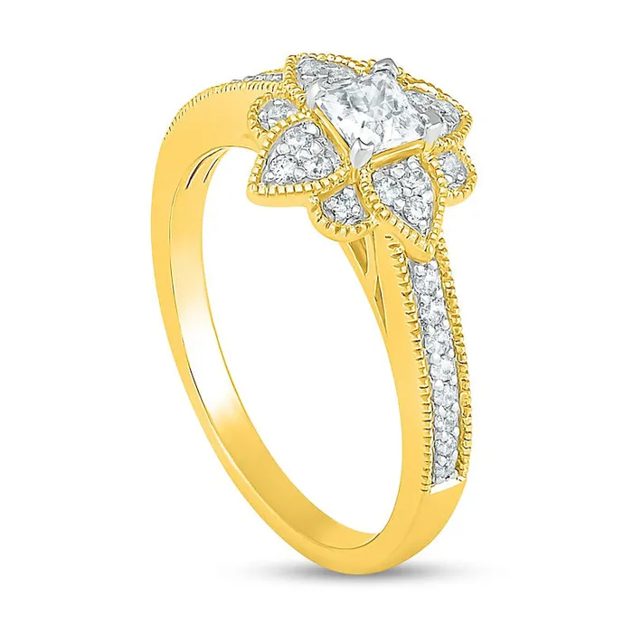 Goldia 050 CT TW PrincessCut Natural Diamond Flower Frame Antique VintageStyle Engagement Ring in Solid 10K Yellow Gold Rings