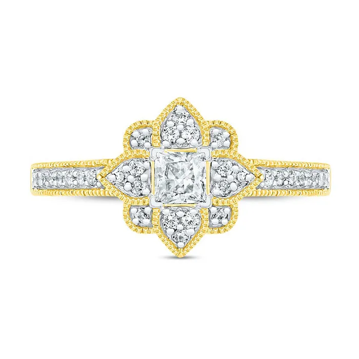 Goldia 050 CT TW PrincessCut Natural Diamond Flower Frame Antique VintageStyle Engagement Ring in Solid 10K Yellow Gold Rings