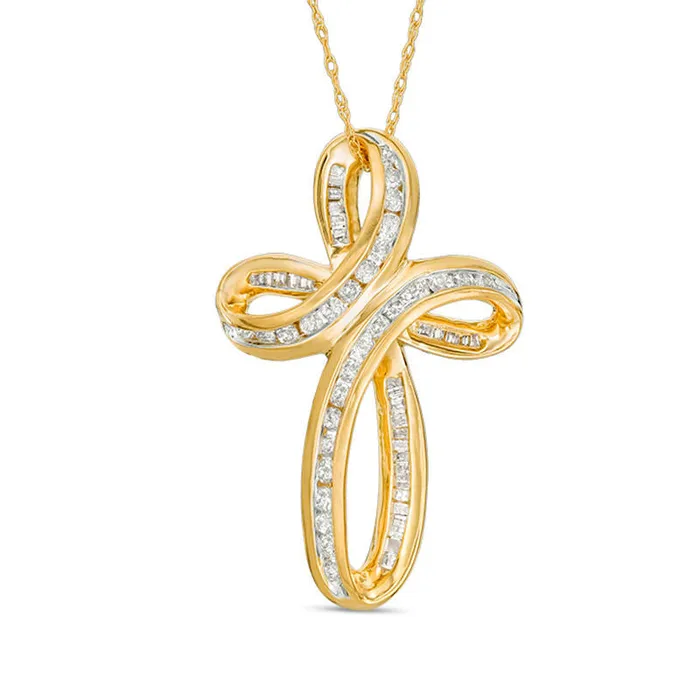 Goldia 075 CT TW Baguette and Round Natural Diamond Loop Cross Pendant in 10K Yellow Gold Necklaces