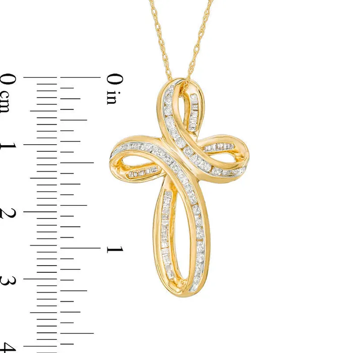 Goldia 075 CT TW Baguette and Round Natural Diamond Loop Cross Pendant in 10K Yellow Gold Necklaces