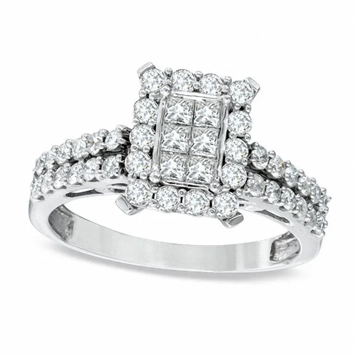 Goldia 088 CT TW PrincessCut and Round Natural Diamond Rectangular Ring in Solid 14K White Gold Rings