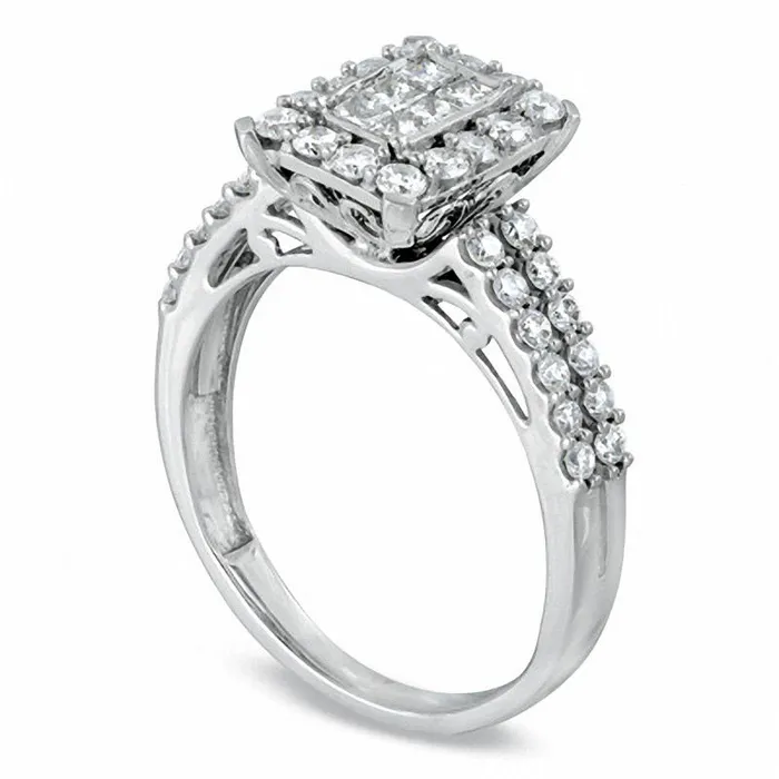 Goldia 088 CT TW PrincessCut and Round Natural Diamond Rectangular Ring in Solid 14K White Gold Rings