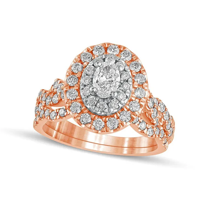 Goldia 15 CT TW Oval Natural Diamond Double Frame MultiRow Bridal Engagement Ring Set in Solid 10K Rose Gold Rings