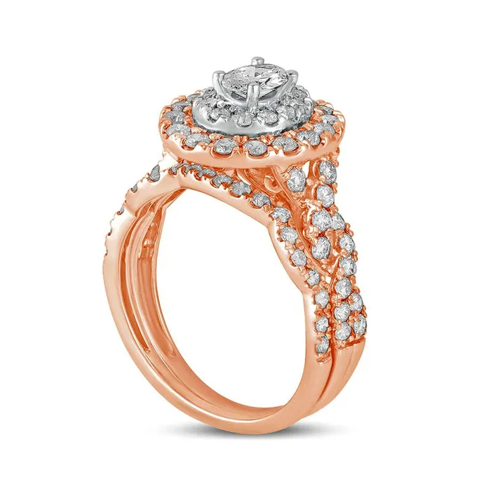 Goldia 15 CT TW Oval Natural Diamond Double Frame MultiRow Bridal Engagement Ring Set in Solid 10K Rose Gold Rings