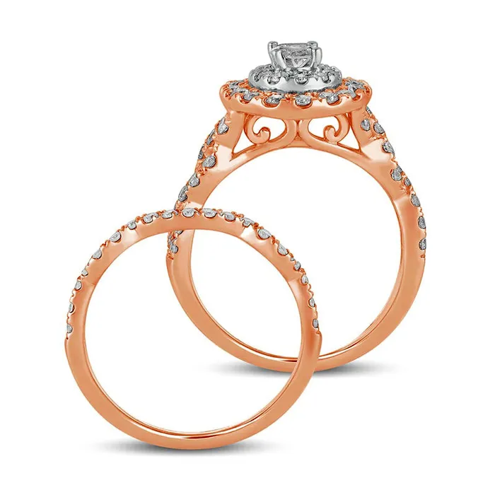 Goldia 15 CT TW Oval Natural Diamond Double Frame MultiRow Bridal Engagement Ring Set in Solid 10K Rose Gold Rings