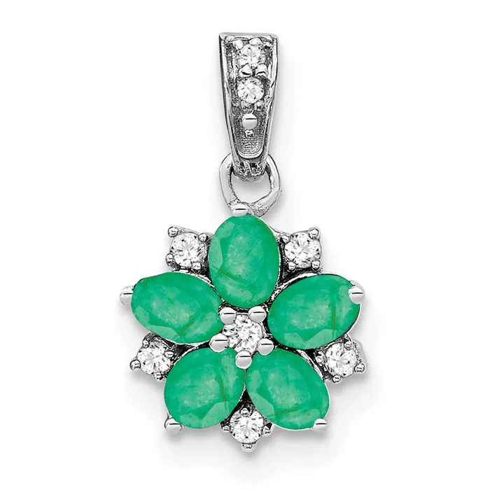 Goldia 14k White Gold Emerald and Real Diamond Floral Pendant Necklaces