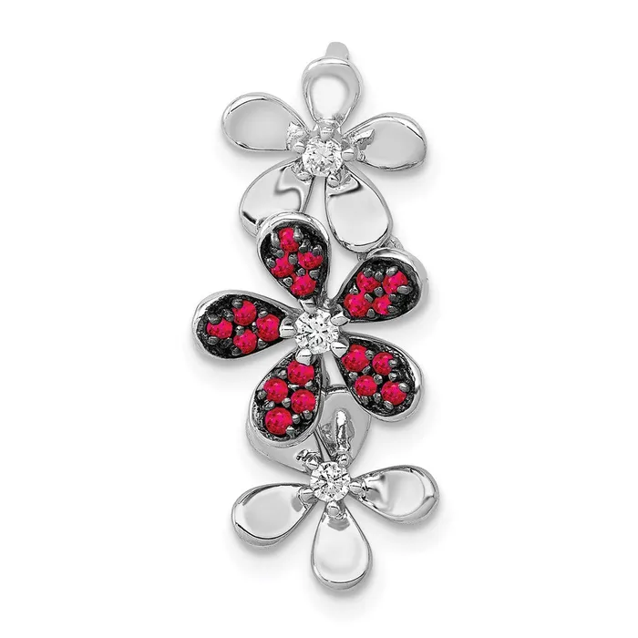 Goldia 14k White Gold Real Diamond and 14 Ruby Three Flowers Chain Slide Rings
